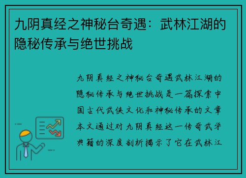 九阴真经之神秘台奇遇：武林江湖的隐秘传承与绝世挑战