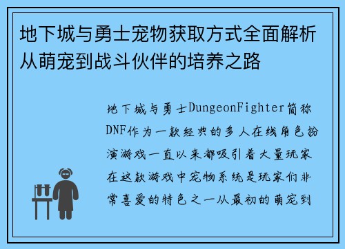 地下城与勇士宠物获取方式全面解析从萌宠到战斗伙伴的培养之路